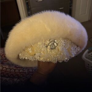 Elegant Cream Fur Beret with Embellished Details